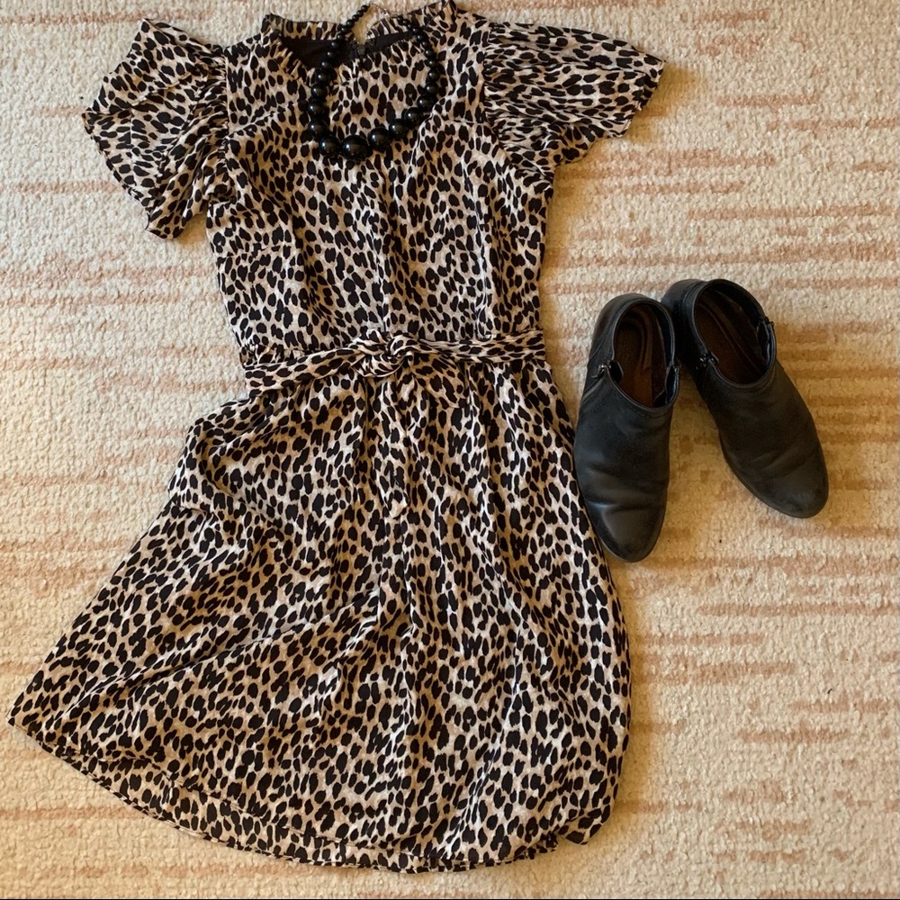 LOFT Fluttery Leopard Print Tie Waist A-Line Dress